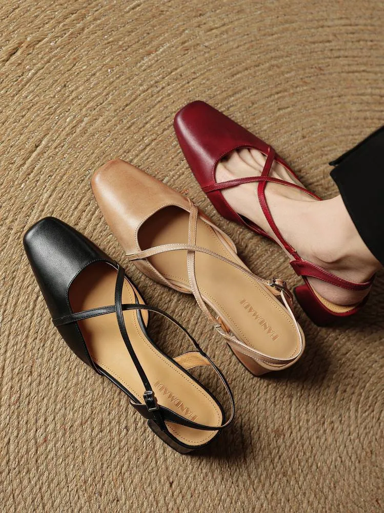 Summer square-toe chunky heel high-heeled Mary Jane sandals with cross straps (video details page)