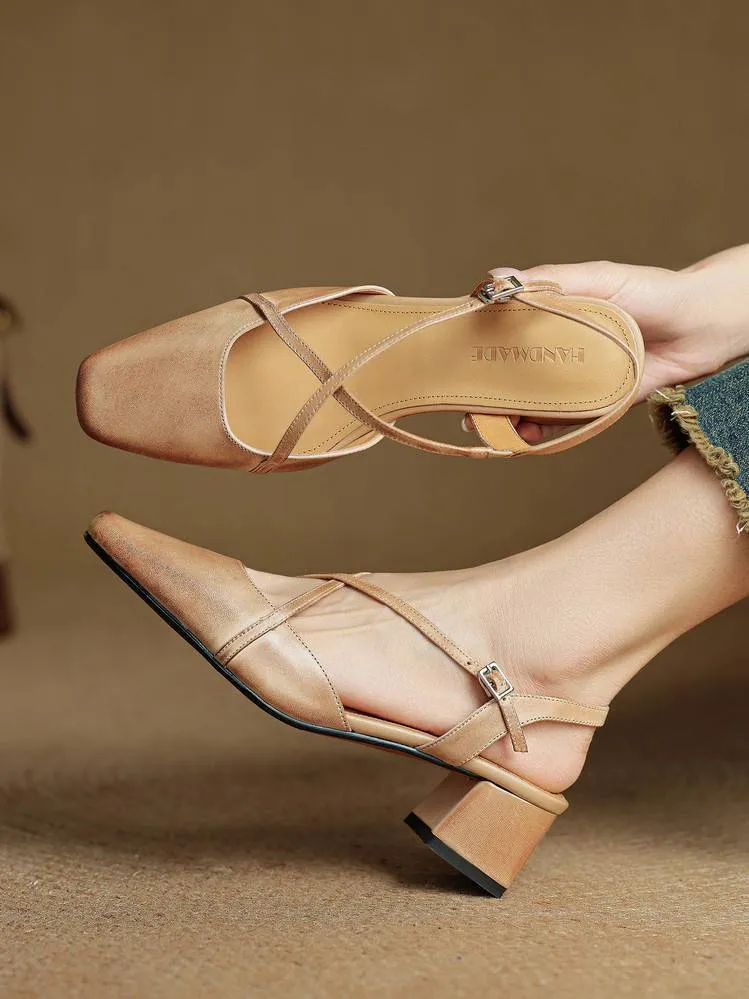 Summer square-toe chunky heel high-heeled Mary Jane sandals with cross straps (video details page)