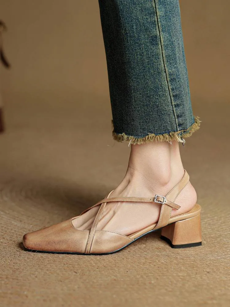 Summer square-toe chunky heel high-heeled Mary Jane sandals with cross straps (video details page)