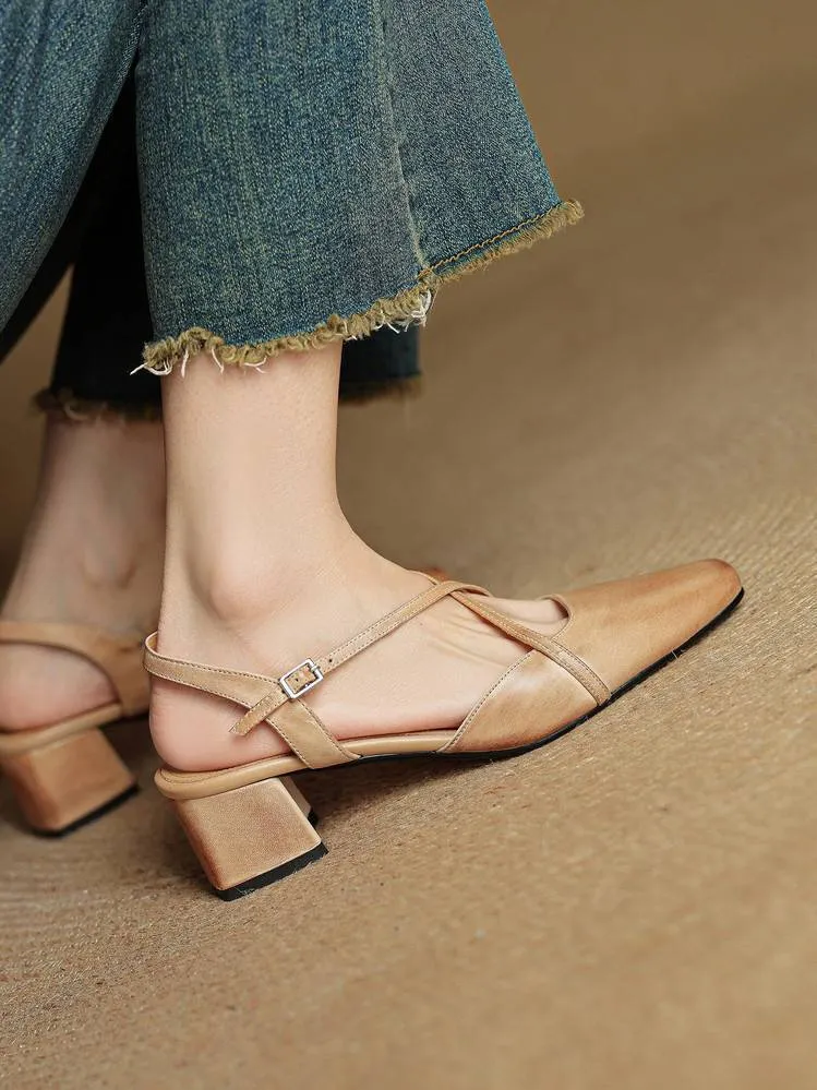 Summer square-toe chunky heel high-heeled Mary Jane sandals with cross straps (video details page)