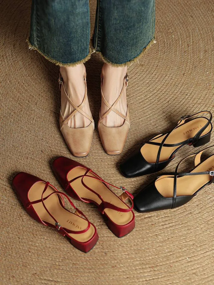 Summer square-toe chunky heel high-heeled Mary Jane sandals with cross straps (video details page)