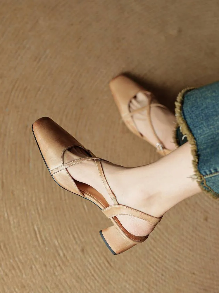 Summer square-toe chunky heel high-heeled Mary Jane sandals with cross straps (video details page)