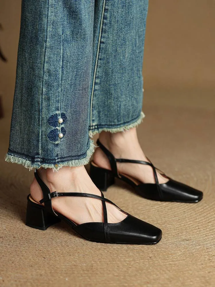 Summer square-toe chunky heel high-heeled Mary Jane sandals with cross straps (video details page)