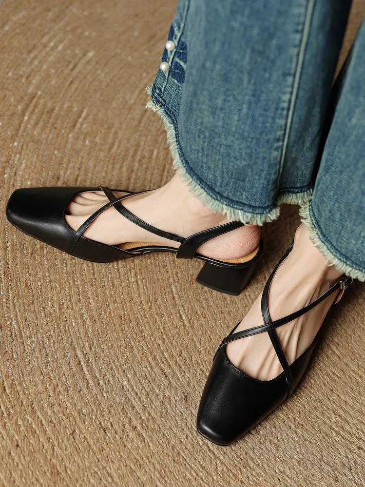 Summer square-toe chunky heel high-heeled Mary Jane sandals with cross straps (video details page)