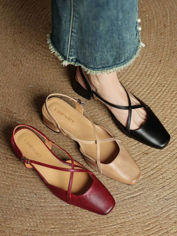 Summer square-toe chunky heel high-heeled Mary Jane sandals with cross straps (video details page)