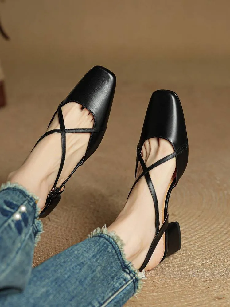 Summer square-toe chunky heel high-heeled Mary Jane sandals with cross straps (video details page)
