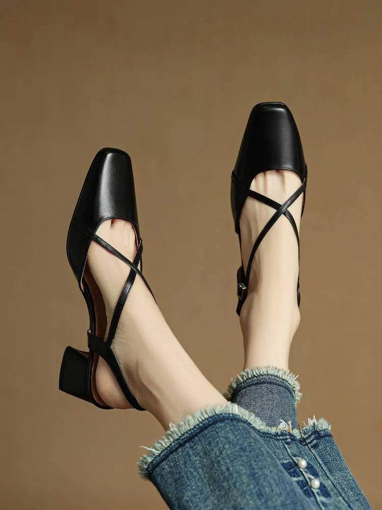 Summer square-toe chunky heel high-heeled Mary Jane sandals with cross straps (video details page)