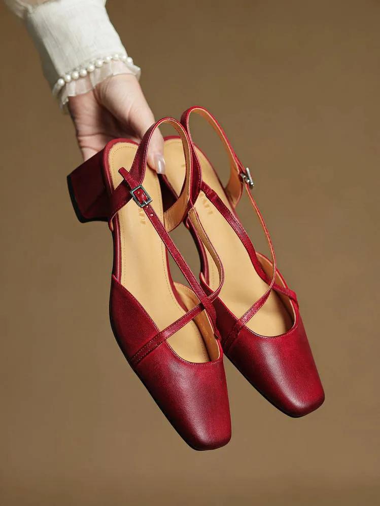 Summer square-toe chunky heel high-heeled Mary Jane sandals with cross straps (video details page)
