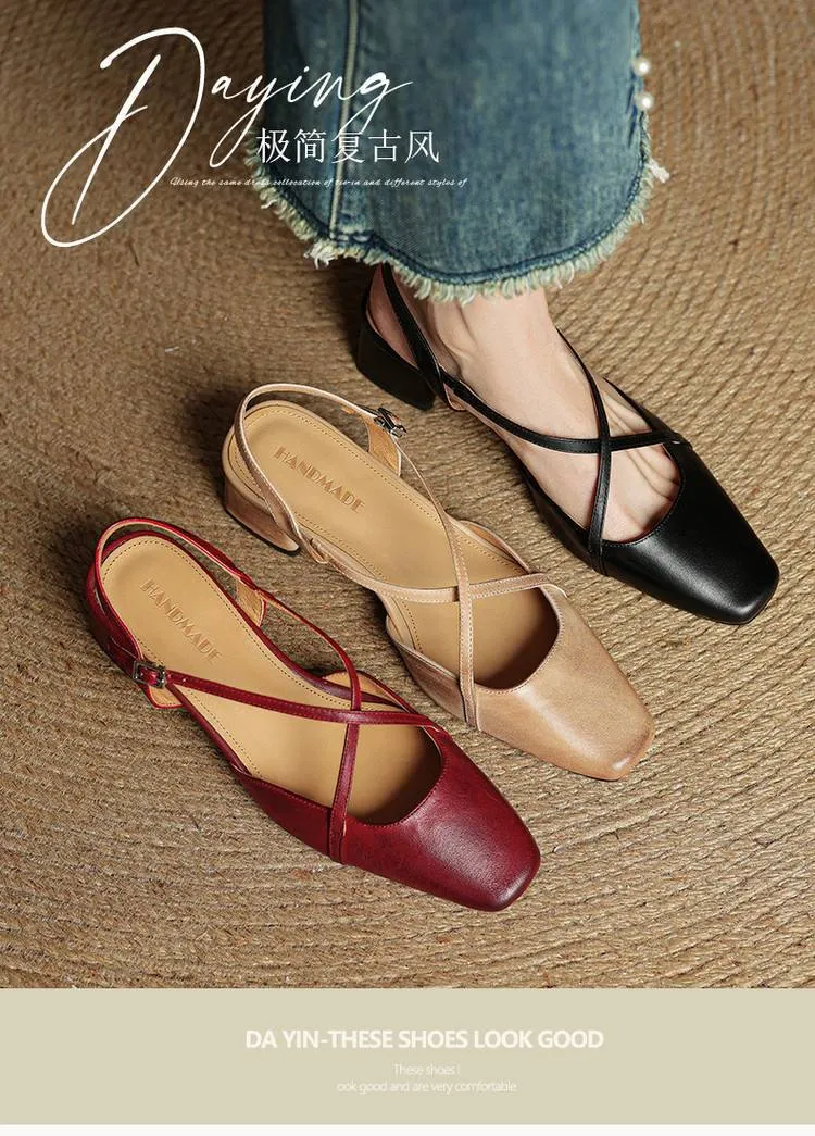 Summer square-toe chunky heel high-heeled Mary Jane sandals with cross straps (video details page)