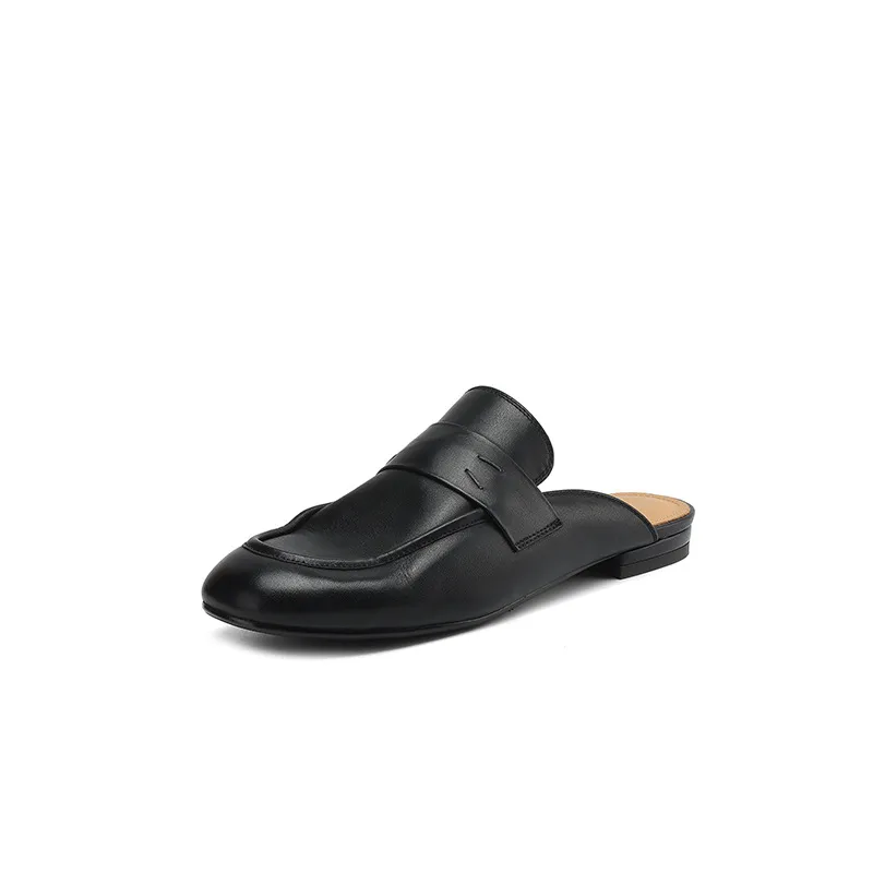 Spring slippers, round toe, chunky heel, low heel, cowhide, closed toe, women's shoes, 3-25d