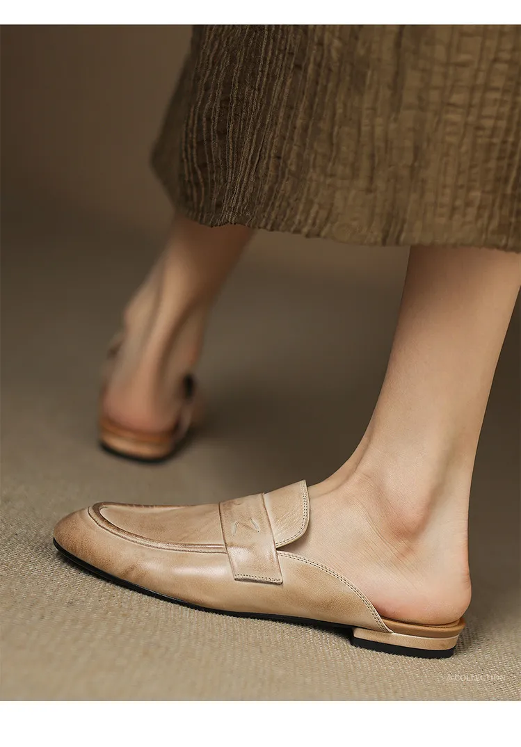 Spring slippers, round toe, chunky heel, low heel, cowhide, closed toe, women's shoes, 3-25d