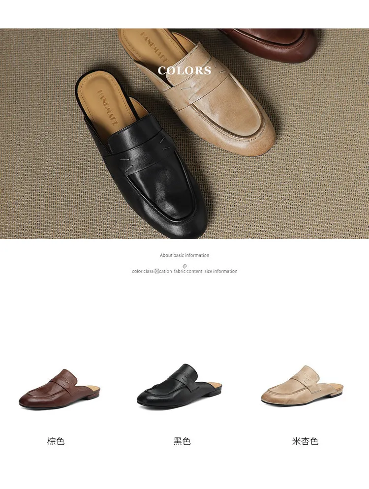 Spring slippers, round toe, chunky heel, low heel, cowhide, closed toe, women's shoes, 3-25d