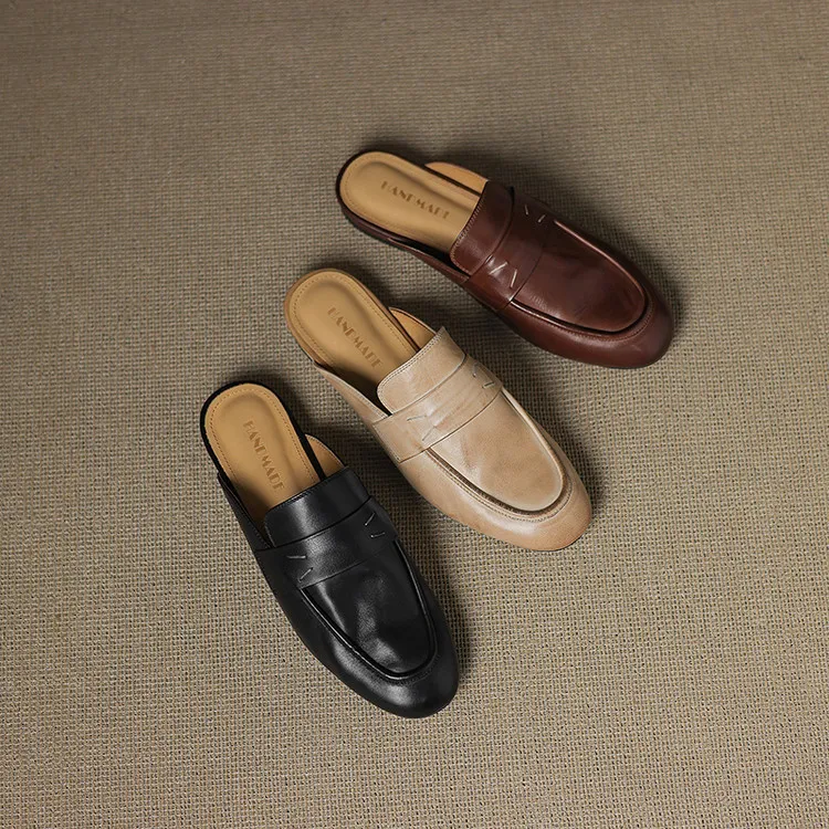 Spring slippers, round toe, chunky heel, low heel, cowhide, closed toe, women's shoes, 3-25d