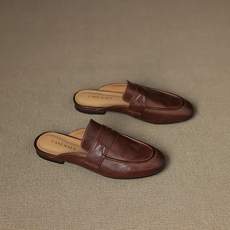 Spring slippers, round toe, chunky heel, low heel, cowhide, closed toe, women's shoes, 3-25d