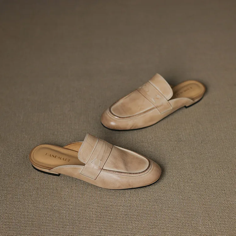 Spring slippers, round toe, chunky heel, low heel, cowhide, closed toe, women's shoes, 3-25d