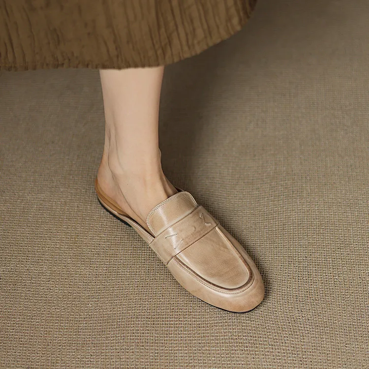 Spring slippers, round toe, chunky heel, low heel, cowhide, closed toe, women's shoes, 3-25d
