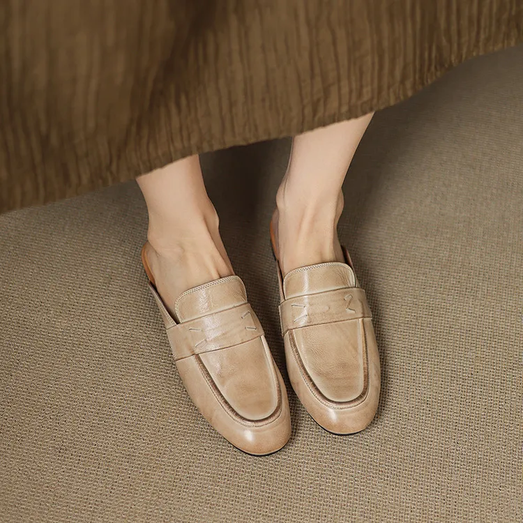Spring slippers, round toe, chunky heel, low heel, cowhide, closed toe, women's shoes, 3-25d