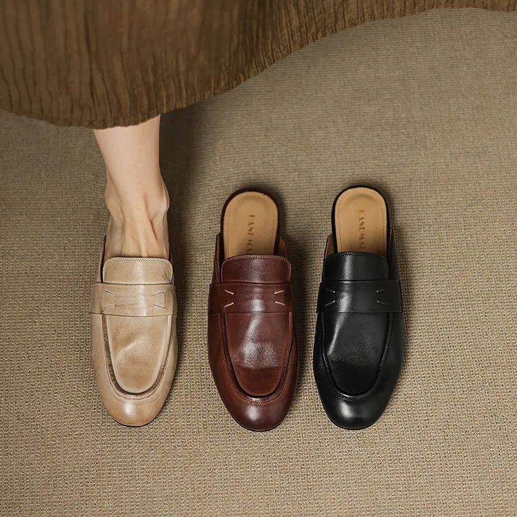 Spring slippers, round toe, chunky heel, low heel, cowhide, closed toe, women's shoes, 3-25d