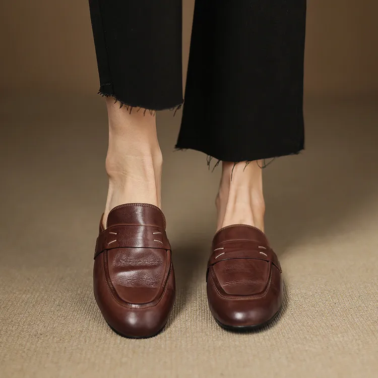 Spring slippers, round toe, chunky heel, low heel, cowhide, closed toe, women's shoes, 3-25d