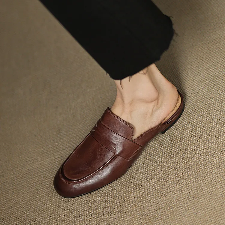 Spring slippers, round toe, chunky heel, low heel, cowhide, closed toe, women's shoes, 3-25d