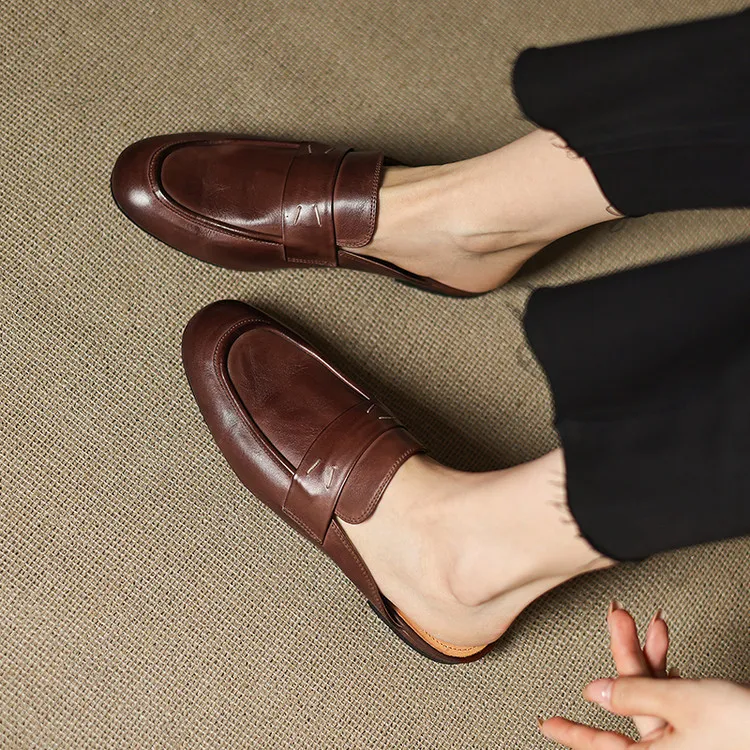 Spring slippers, round toe, chunky heel, low heel, cowhide, closed toe, women's shoes, 3-25d
