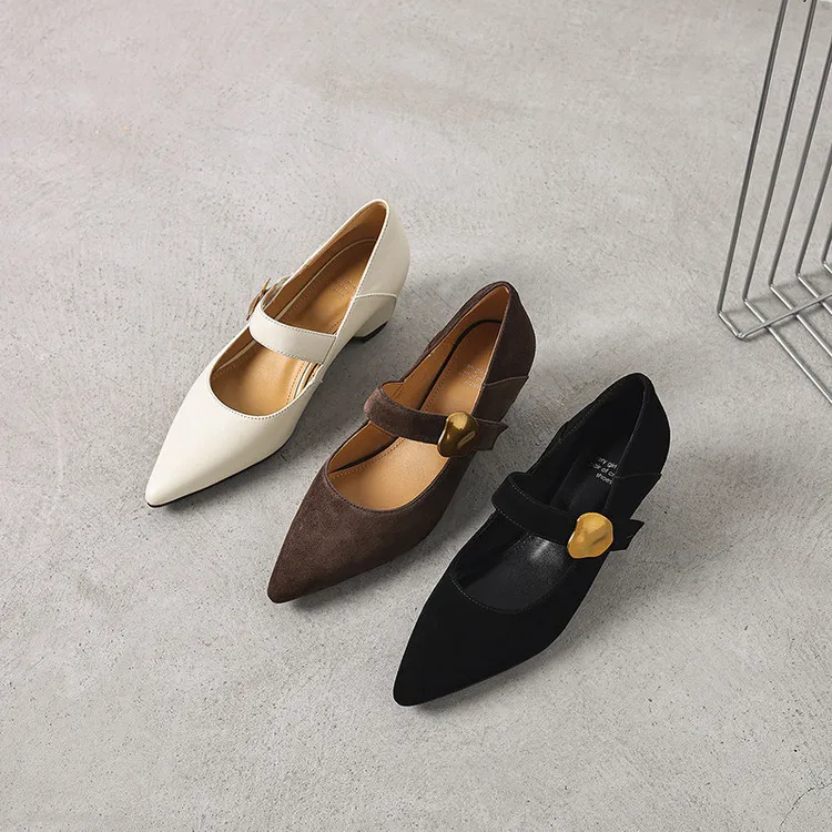 Spring pointed-toe platform heeled sheepskin fashion women's shoes, brown, black, off-white, 3-19p