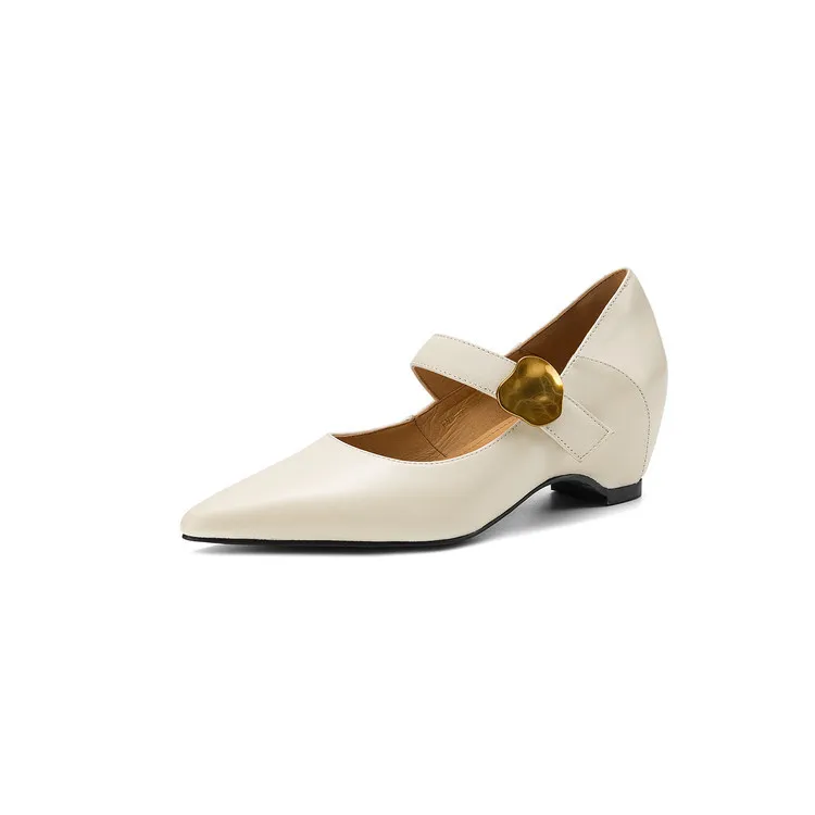 Spring pointed-toe platform heeled sheepskin fashion women's shoes, brown, black, off-white, 3-19p