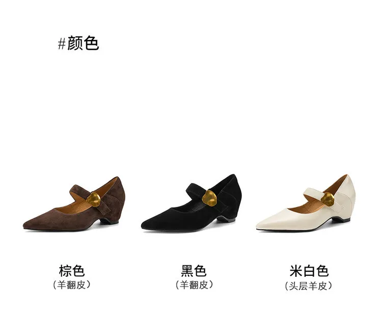 Spring pointed-toe platform heeled sheepskin fashion women's shoes, brown, black, off-white, 3-19p