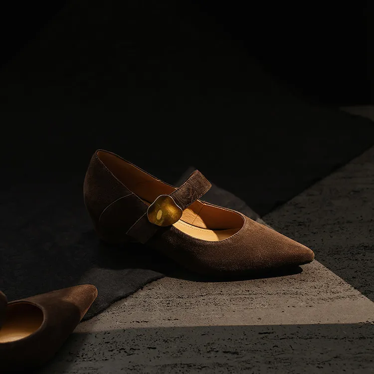 Spring pointed-toe platform heeled sheepskin fashion women's shoes, brown, black, off-white, 3-19p