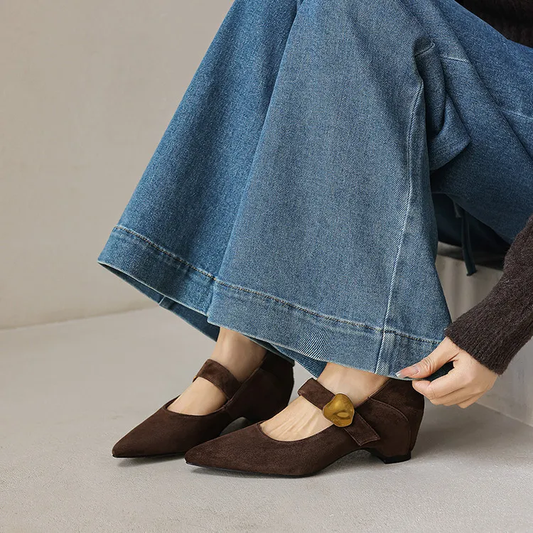 Spring pointed-toe platform heeled sheepskin fashion women's shoes, brown, black, off-white, 3-19p