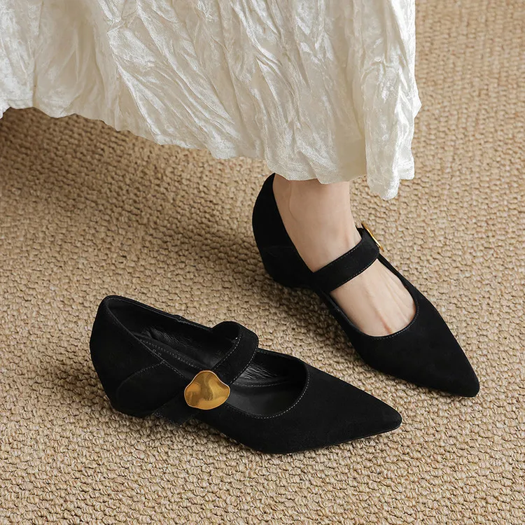 Spring pointed-toe platform heeled sheepskin fashion women's shoes, brown, black, off-white, 3-19p