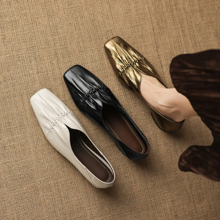 In stock spring single shoes, square toe, chunky heel, low heel, slip-on sheepskin women's shoes, sizes 3-25j