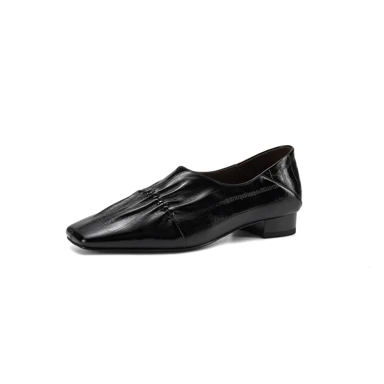 In stock spring single shoes, square toe, chunky heel, low heel, slip-on sheepskin women's shoes, sizes 3-25j
