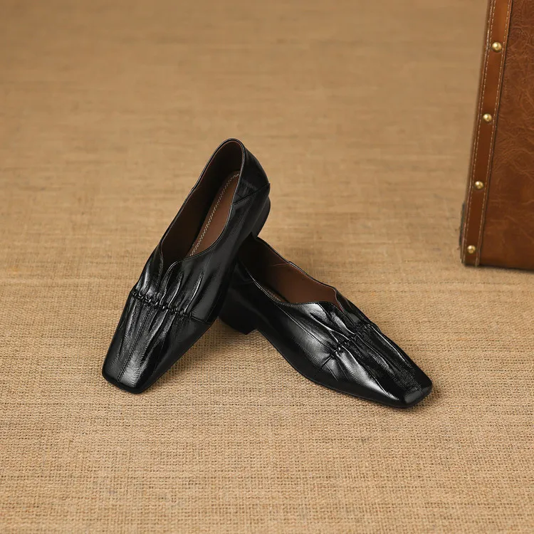 In stock spring single shoes, square toe, chunky heel, low heel, slip-on sheepskin women's shoes, sizes 3-25j