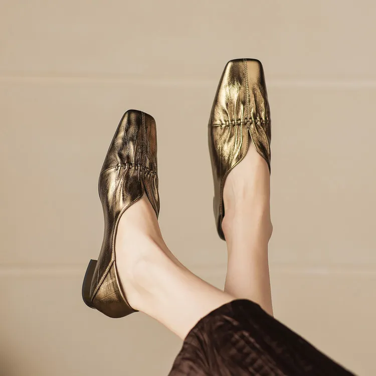 In stock spring single shoes, square toe, chunky heel, low heel, slip-on sheepskin women's shoes, sizes 3-25j