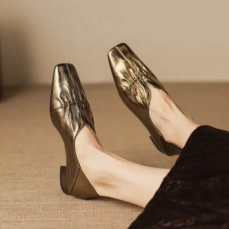 In stock spring single shoes, square toe, chunky heel, low heel, slip-on sheepskin women's shoes, sizes 3-25j