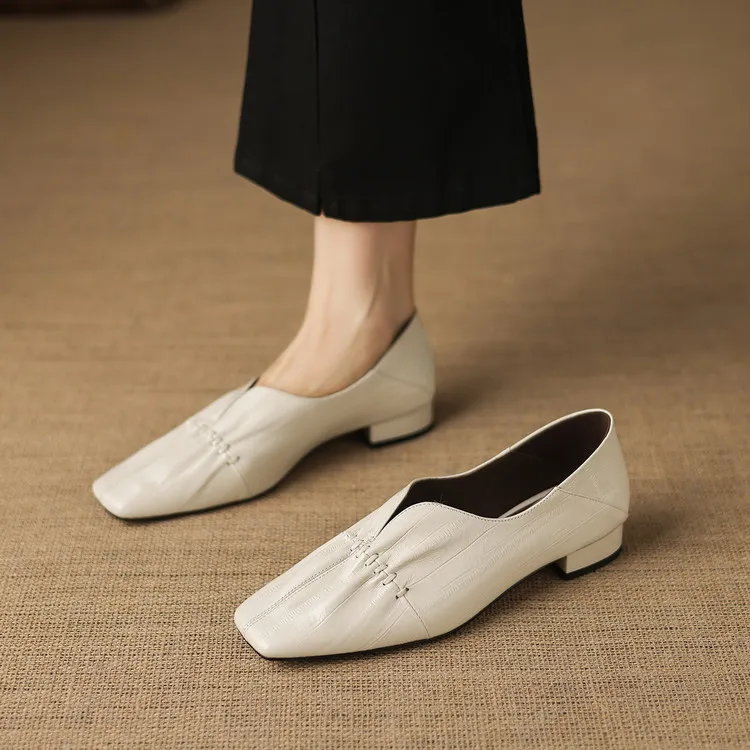 In stock spring single shoes, square toe, chunky heel, low heel, slip-on sheepskin women's shoes, sizes 3-25j