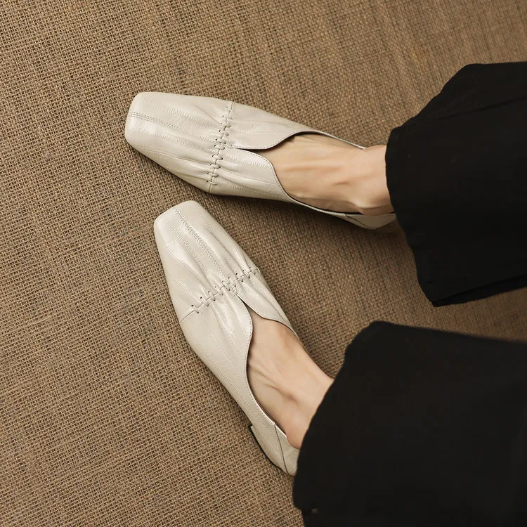 In stock spring single shoes, square toe, chunky heel, low heel, slip-on sheepskin women's shoes, sizes 3-25j