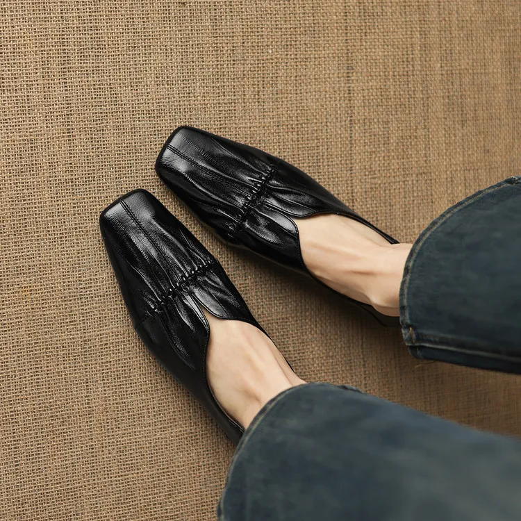 In stock spring single shoes, square toe, chunky heel, low heel, slip-on sheepskin women's shoes, sizes 3-25j