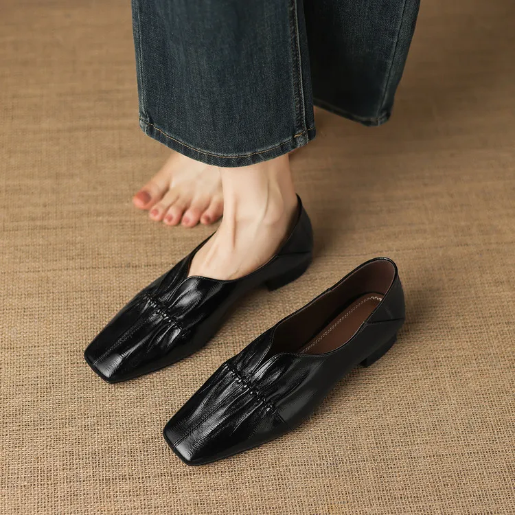 In stock spring single shoes, square toe, chunky heel, low heel, slip-on sheepskin women's shoes, sizes 3-25j