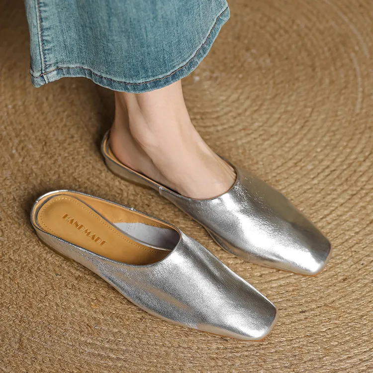 Spring single shoes, square toe, chunky heel, low heel, cowhide closed toe slippers, size 3-25c