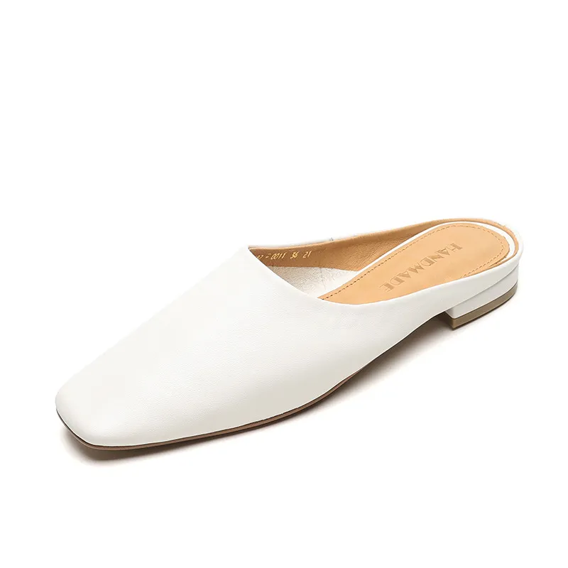 Spring single shoes, square toe, chunky heel, low heel, cowhide closed toe slippers, size 3-25c