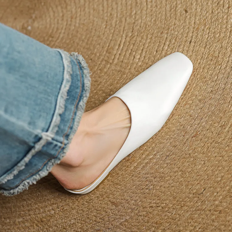 Spring single shoes, square toe, chunky heel, low heel, cowhide closed toe slippers, size 3-25c
