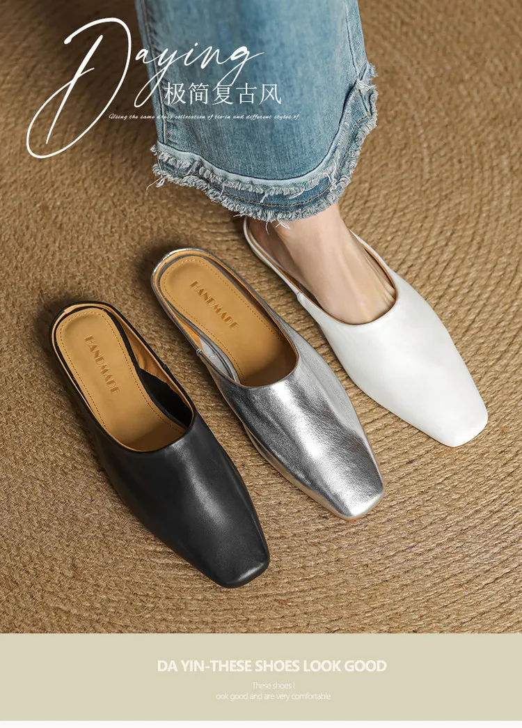 Spring single shoes, square toe, chunky heel, low heel, cowhide closed toe slippers, size 3-25c