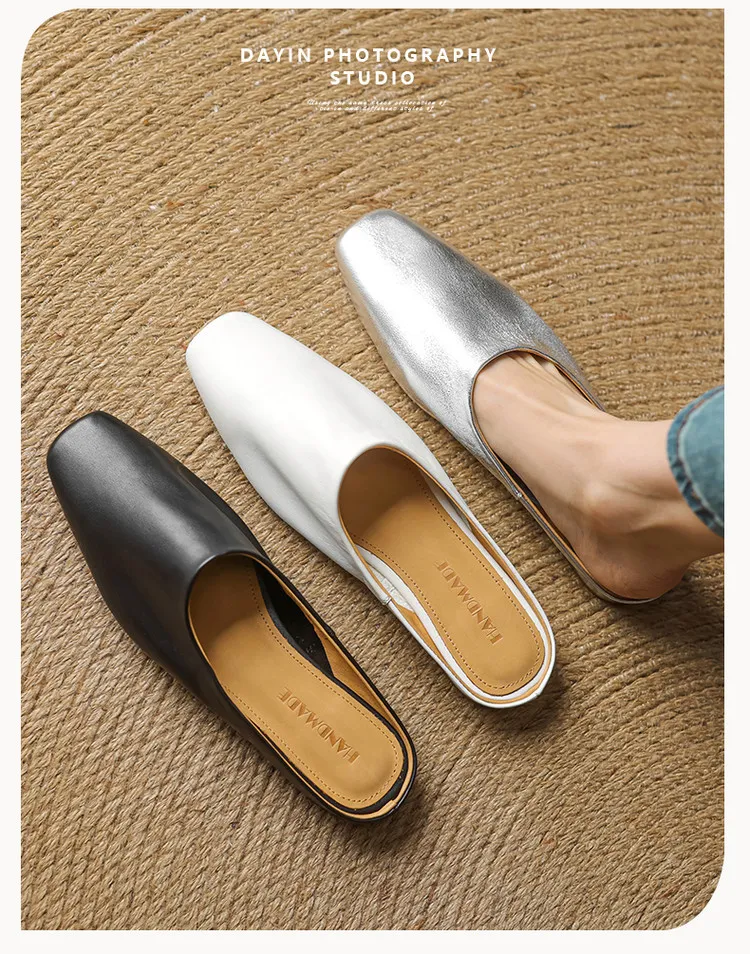 Spring single shoes, square toe, chunky heel, low heel, cowhide closed toe slippers, size 3-25c