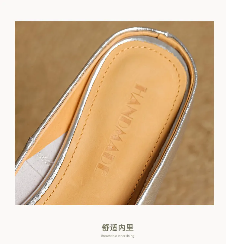 Spring single shoes, square toe, chunky heel, low heel, cowhide closed toe slippers, size 3-25c