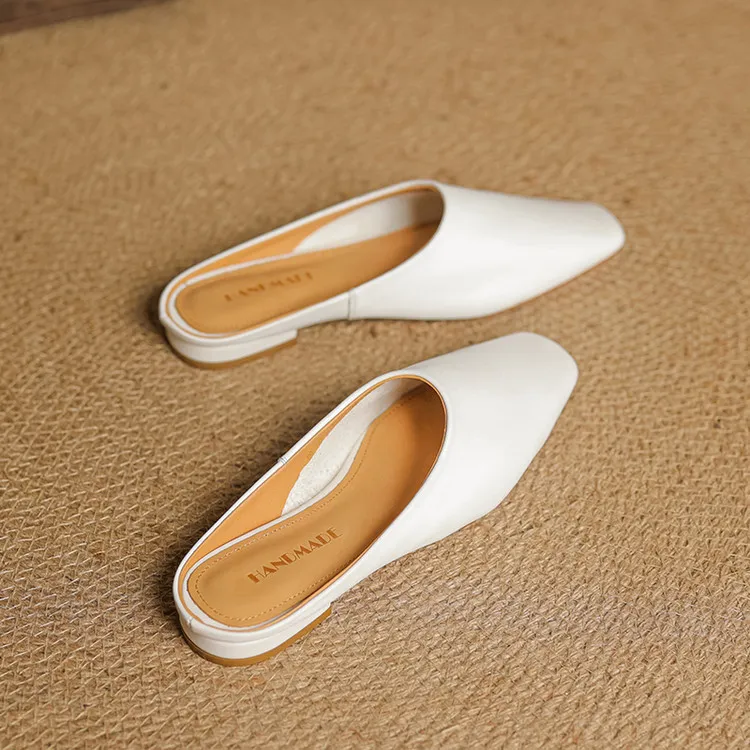 Spring single shoes, square toe, chunky heel, low heel, cowhide closed toe slippers, size 3-25c