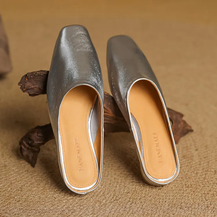 Spring single shoes, square toe, chunky heel, low heel, cowhide closed toe slippers, size 3-25c
