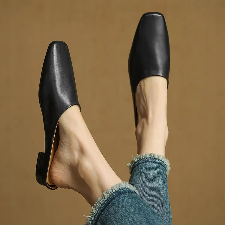 Spring single shoes, square toe, chunky heel, low heel, cowhide closed toe slippers, size 3-25c
