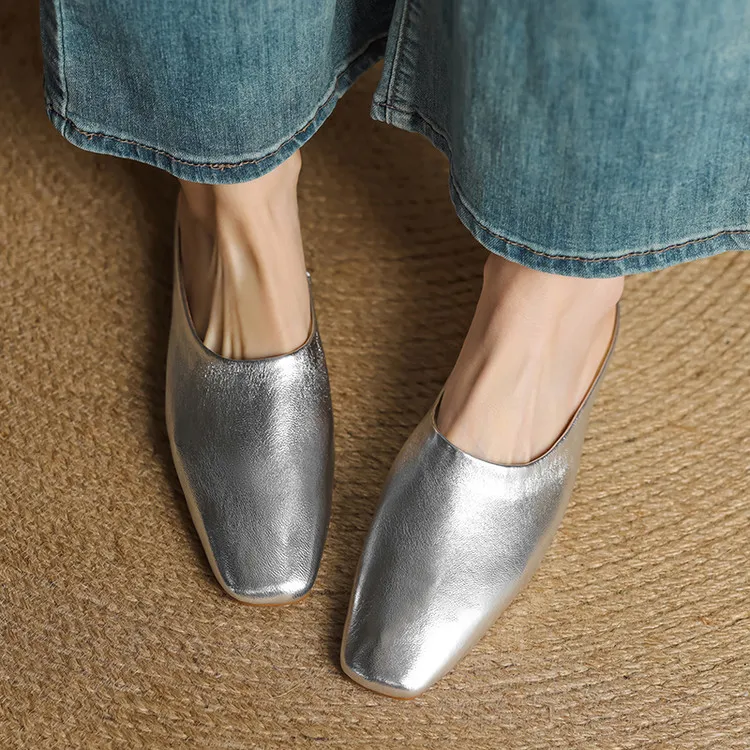 Spring single shoes, square toe, chunky heel, low heel, cowhide closed toe slippers, size 3-25c